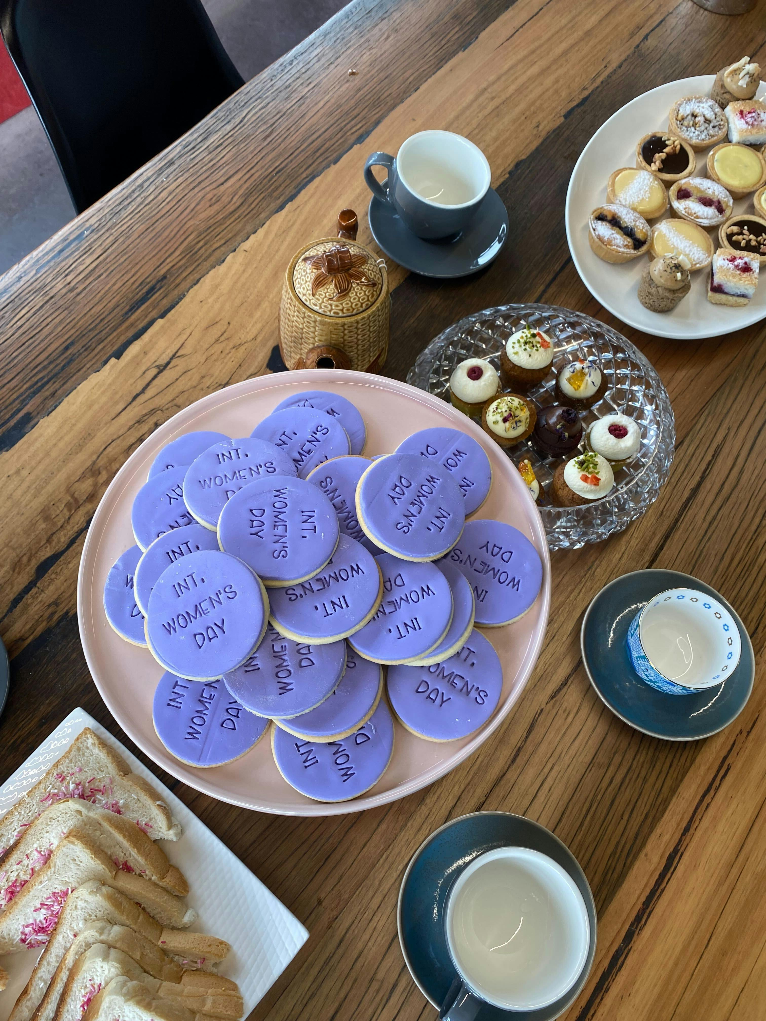 International Women's Day purple cookies at morning tea