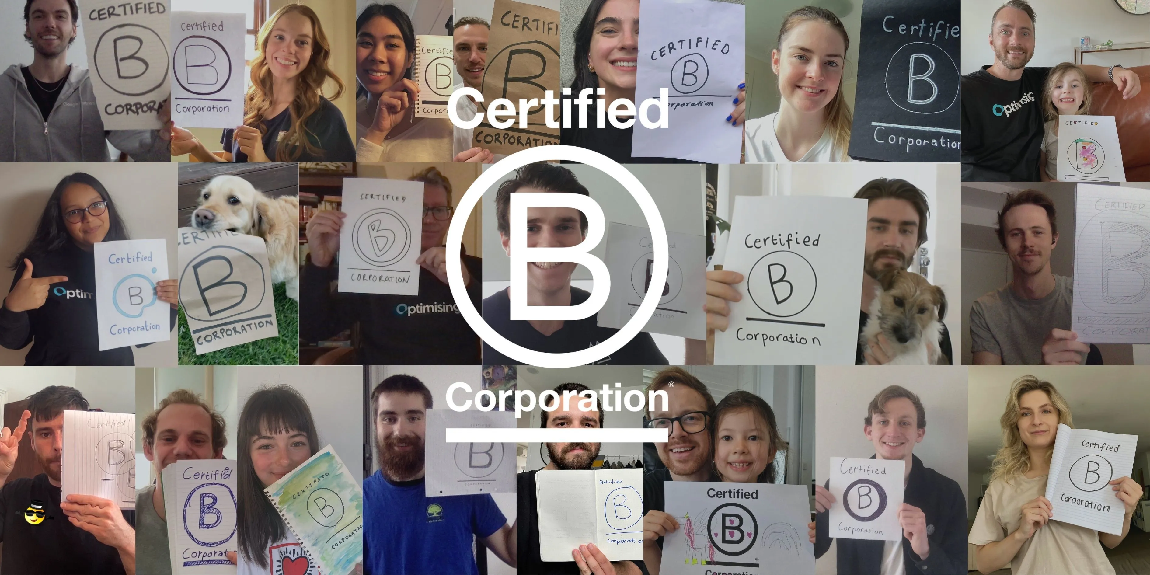 optimising employees holding up hand drawn b corp logos