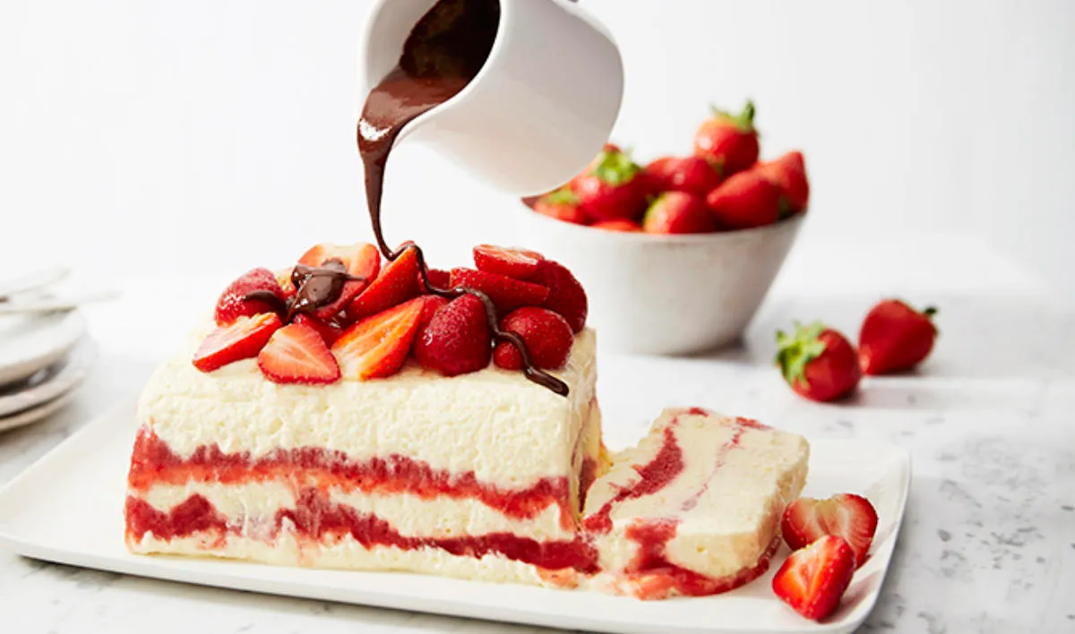 Strawberry Semifredo with melted chocolate poured over