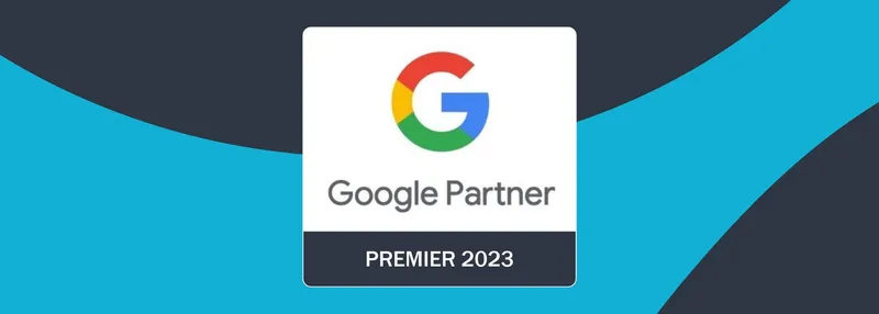 Google Premier Partner Logo with Optimising blue and black swirl design