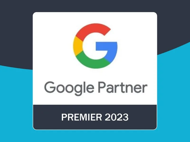 Google Premier Partner Logo with Optimising blue and black swirl design