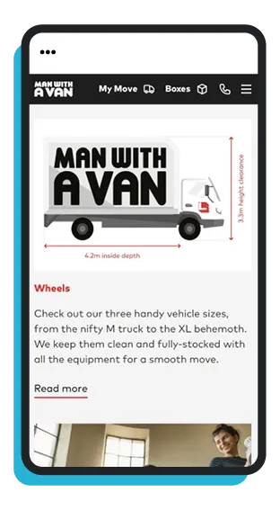 man with a van website displayed on a mobile phone