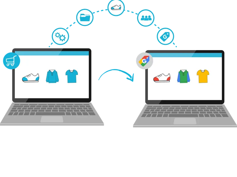 WebSavvy image of two computers exchanging SEO and Google Shopping data