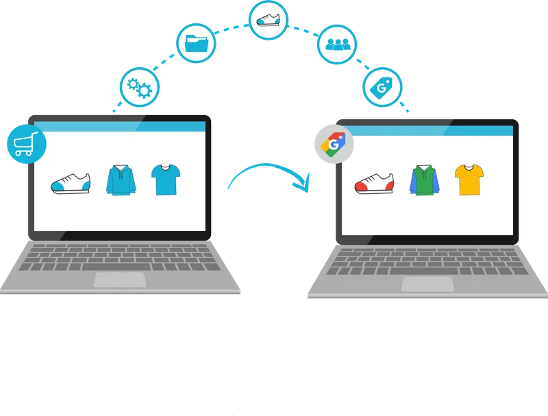WebSavvy image of two computers exchanging SEO and Google Shopping data