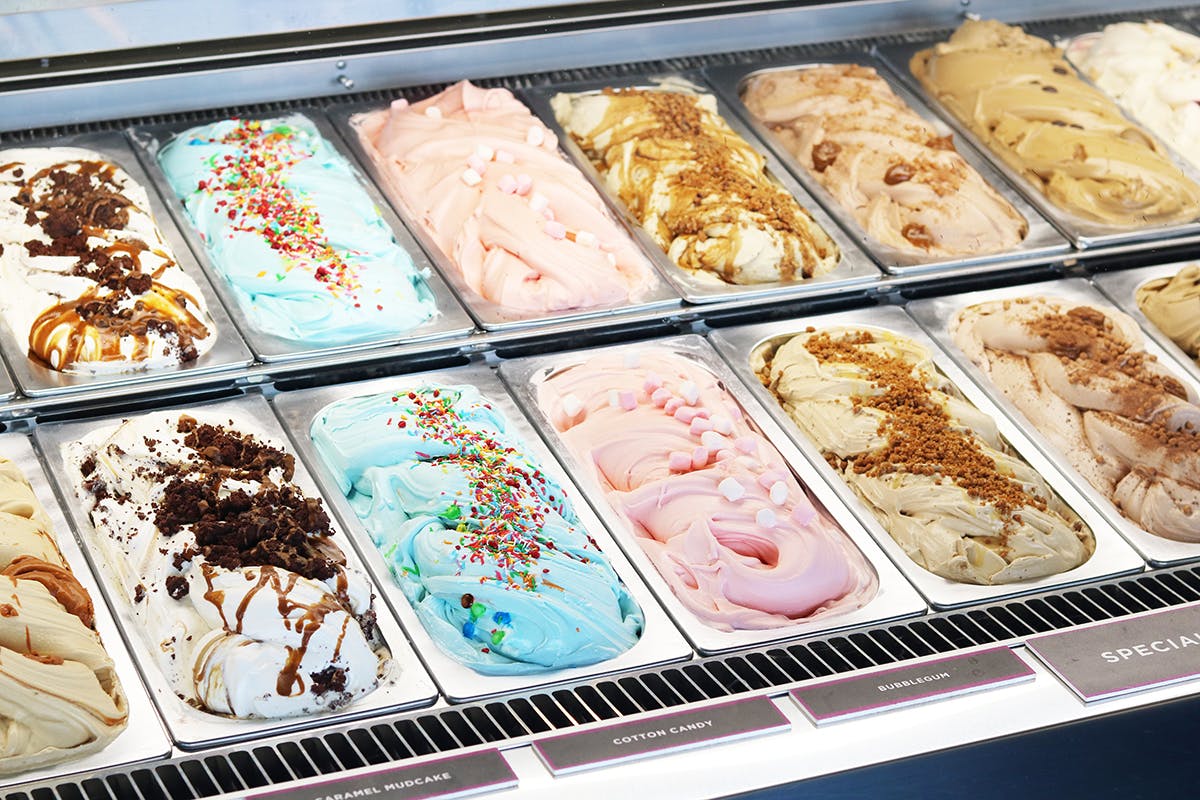 Colourful Augustus Gelatery ice creams in display counter
