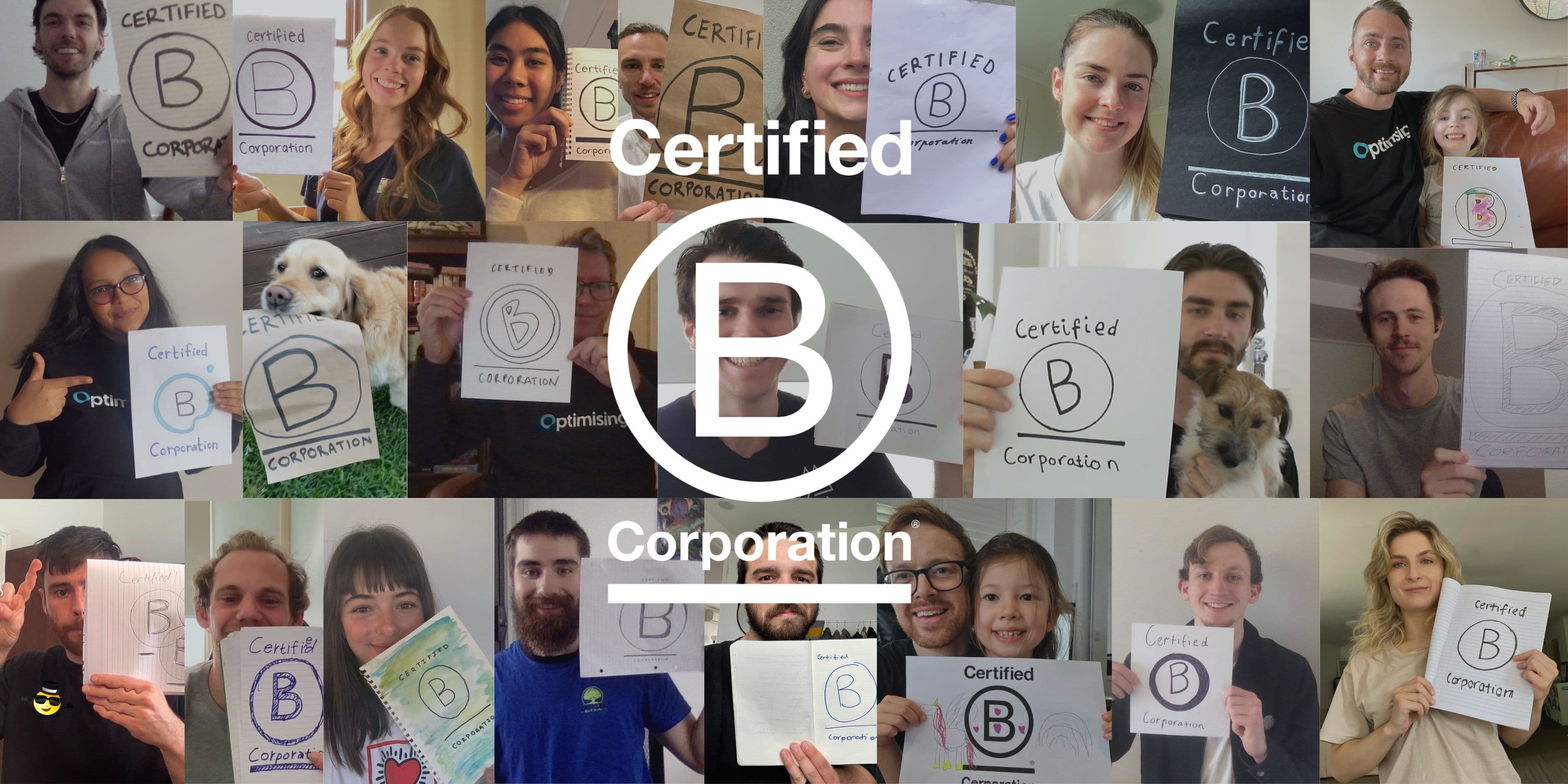 optimising employees holding up hand drawn b corp logos